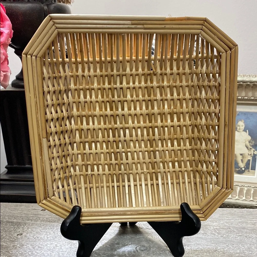 Vintage MCM 8” Square Square Woven Rattan Tray!